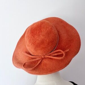 Helen B Shaheen Vintage Wide Brim Hat Orange Fuzzy Mohair Style Bow Chain Accent